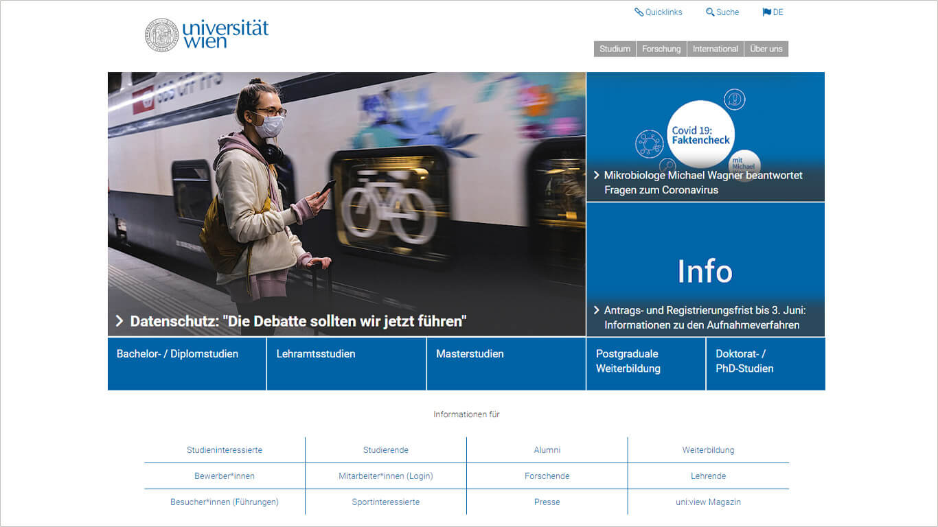 Screenshot des Headerbereichs der Universität Wien Screenshot der Startseite der Universität Wien: Headerbereich