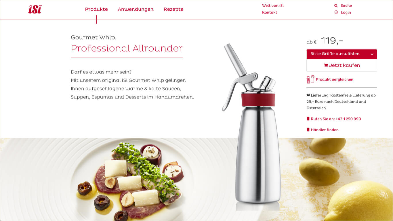 Screenshot einer Produktseite mit Daten aus dem ERP Website iSi Kulinarik mit Produktdarstellung
