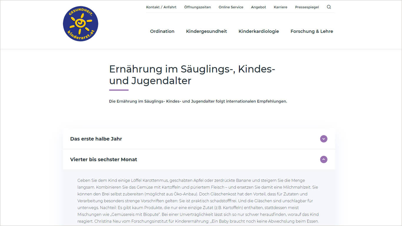 Screenshot Website Kindergesundheitszentrum - Lexikon Detail Website Kinder Arzt - Lexikon Detail