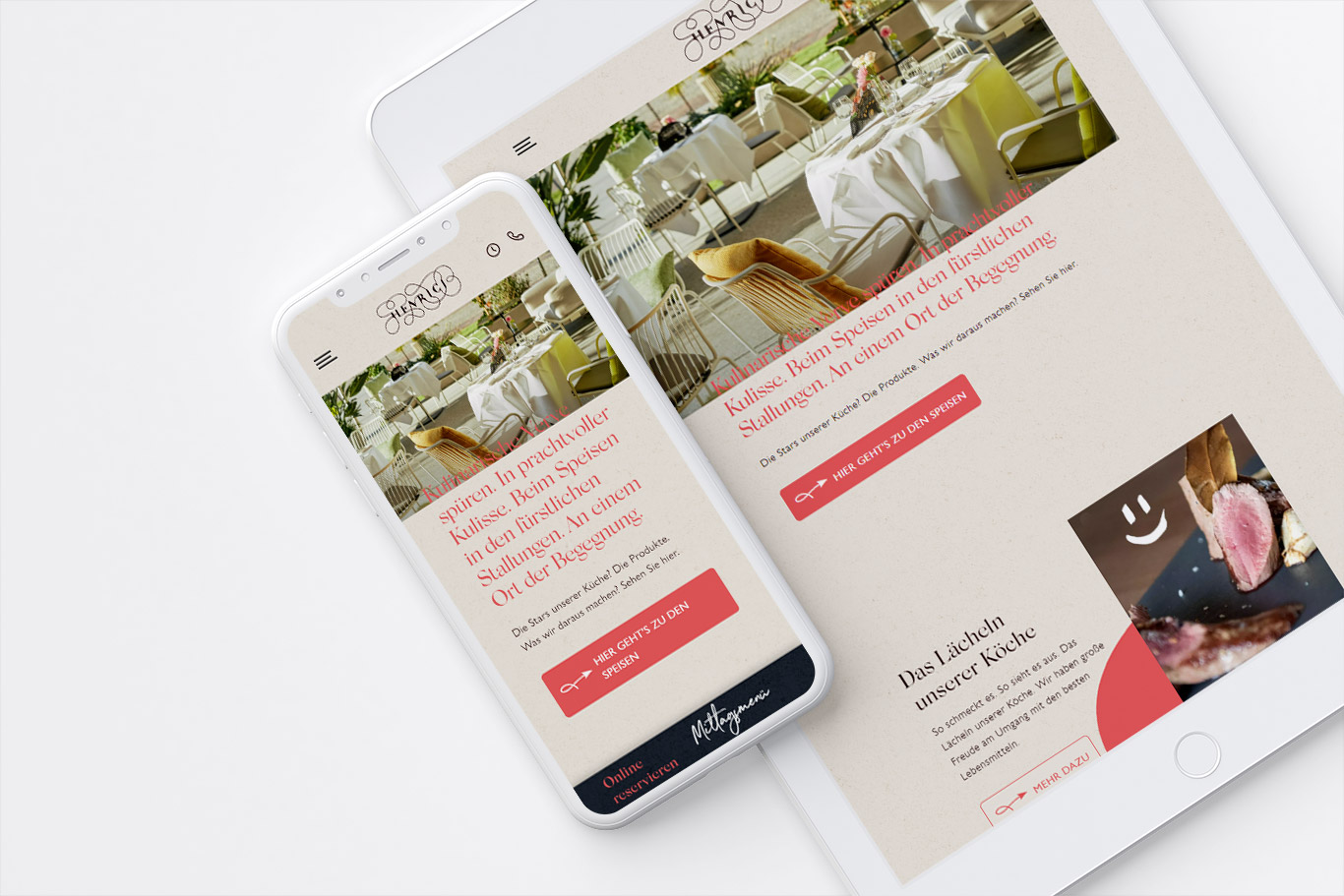 Responsive Webdesign: Restaurant Henrici nebeneinanderliegendes iPhone und iPad wodurch das responsive Webdesign des Retaurants Henrici sichtbar ist